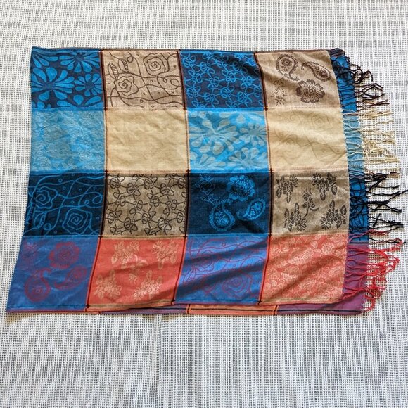 Cashmere and Silk Pashmina Blue Orange Floral - Picture 7 of 7
